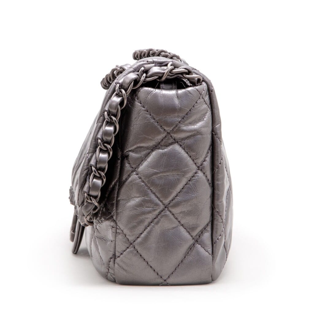 Metallic Silver Quilted Aged Calfskin Jumbo Chain Single Flap Ruthenium Hardware, 2012