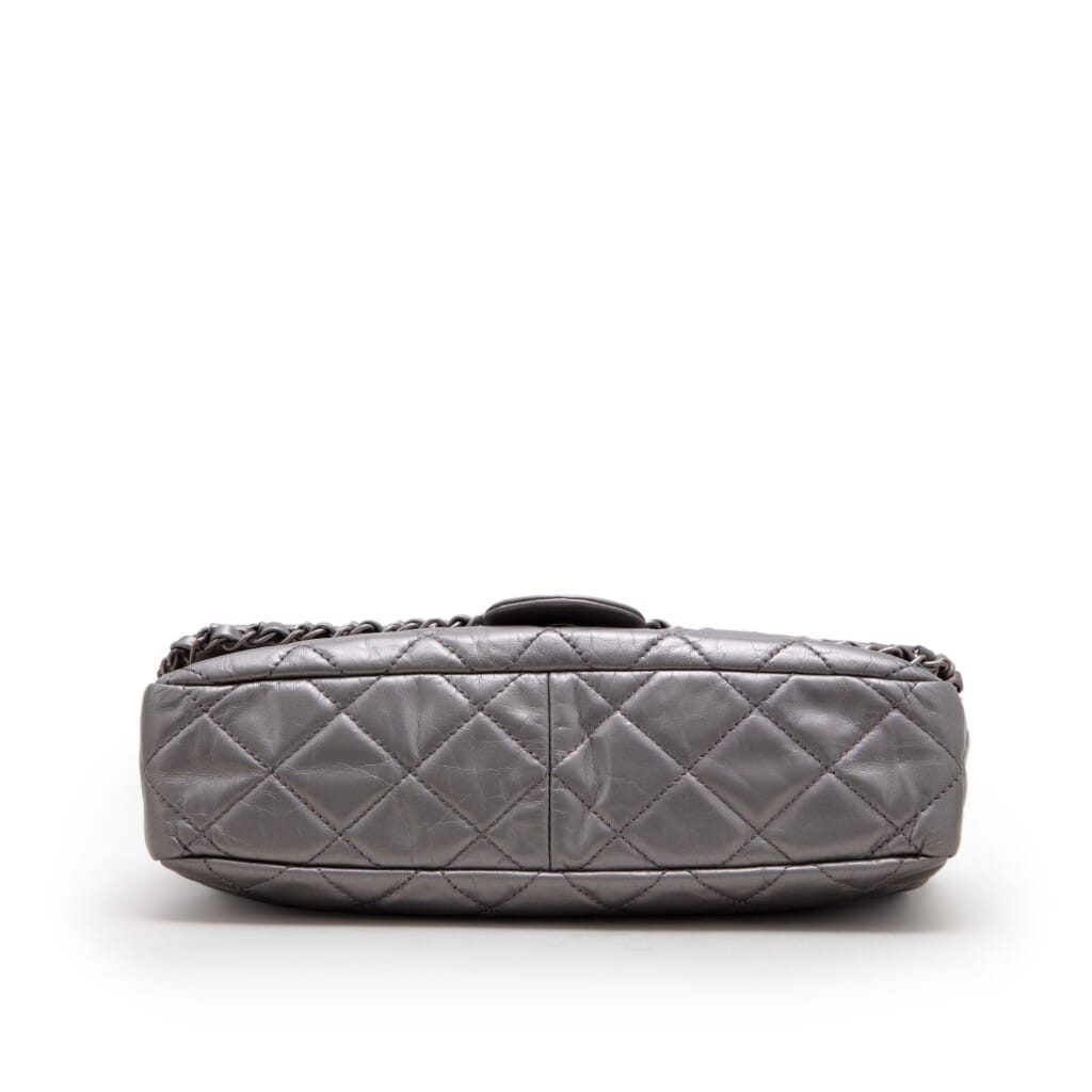 Metallic Silver Quilted Aged Calfskin Jumbo Chain Single Flap Ruthenium Hardware, 2012