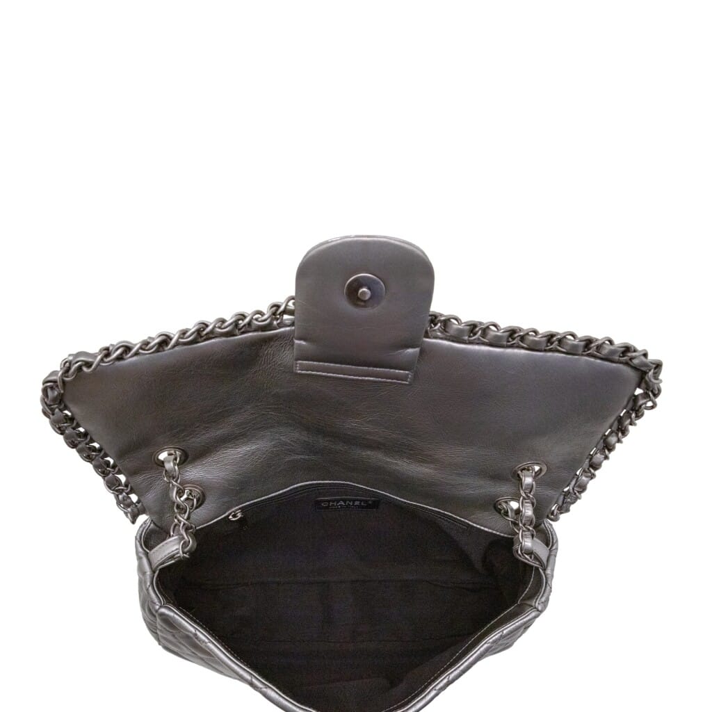Metallic Silver Quilted Aged Calfskin Jumbo Chain Single Flap Ruthenium Hardware, 2012