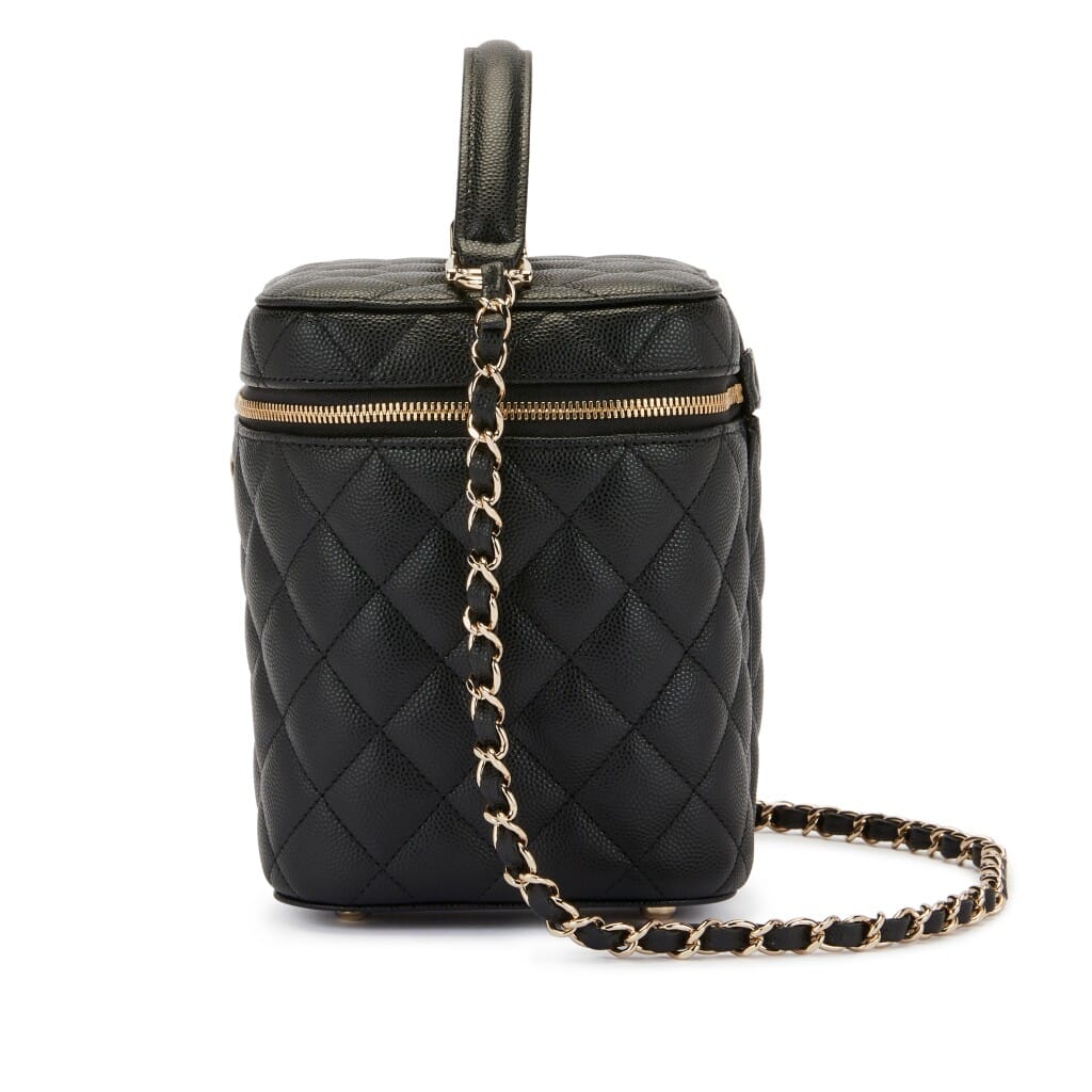 Black Quilted Grained Calfskin Small Vanity Case Gold Hardware, 2021