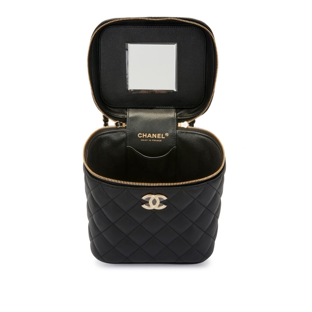 Black Quilted Grained Calfskin Small Vanity Case Gold Hardware, 2021