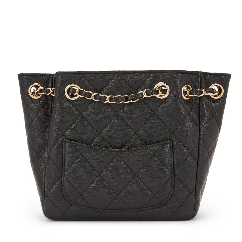 Black Quilted Grained Calfskin Bucket Bag Gold Hardware, 2021