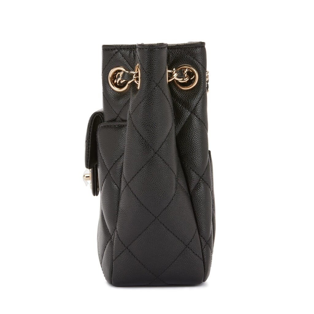 Black Quilted Grained Calfskin Bucket Bag Gold Hardware, 2021