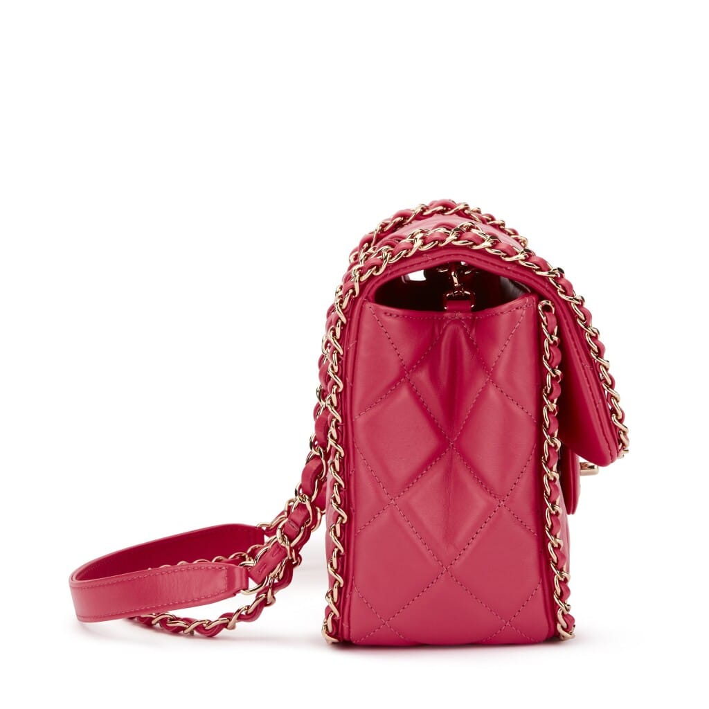 Pink Quilted Aged Calfskin Chain Around Single Flap Gold Hardware, 2020