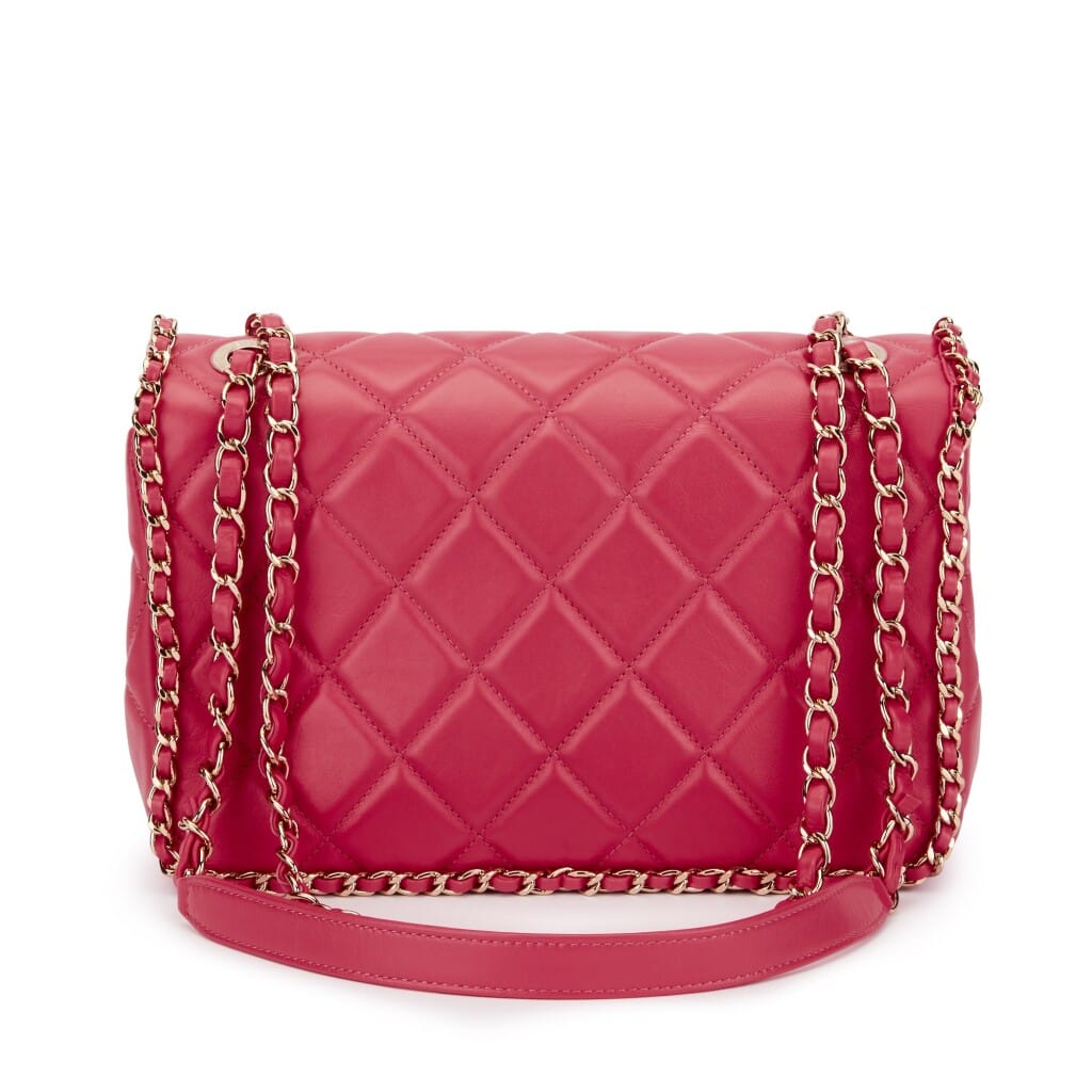 Pink Quilted Aged Calfskin Chain Around Single Flap Gold Hardware, 2020