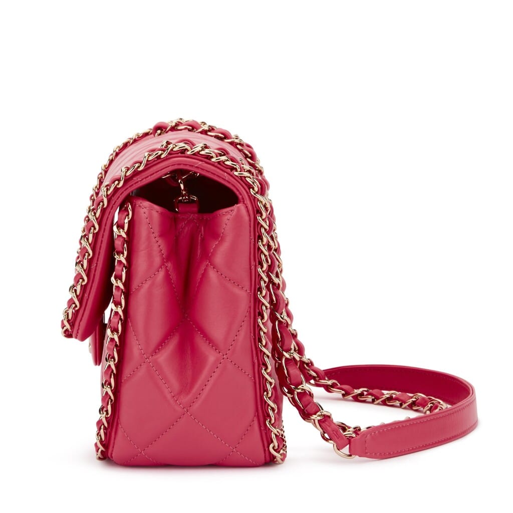 Pink Quilted Aged Calfskin Chain Around Single Flap Gold Hardware, 2020