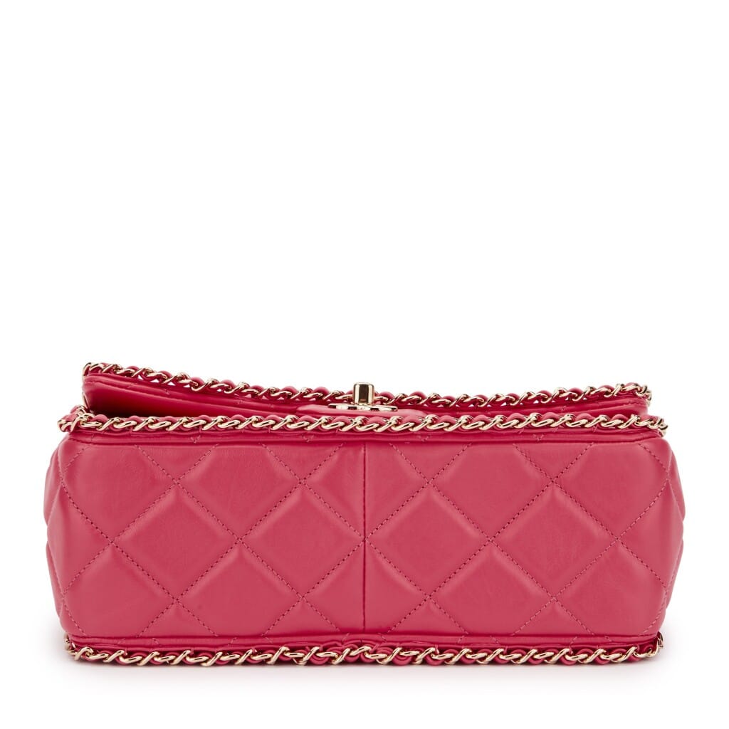 Pink Quilted Aged Calfskin Chain Around Single Flap Gold Hardware, 2020