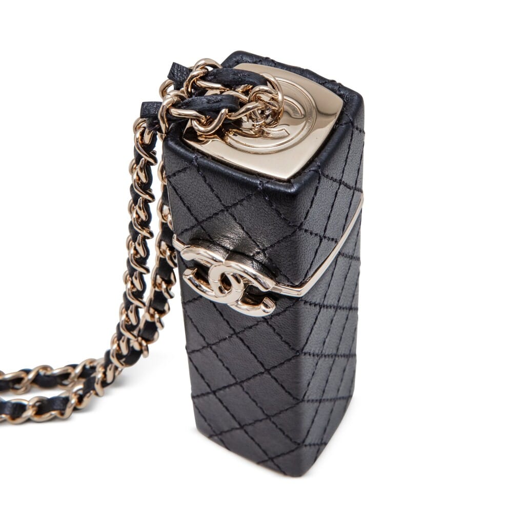 Black Quilted Lambskin Lipstick Case Gold Hardware, 2021