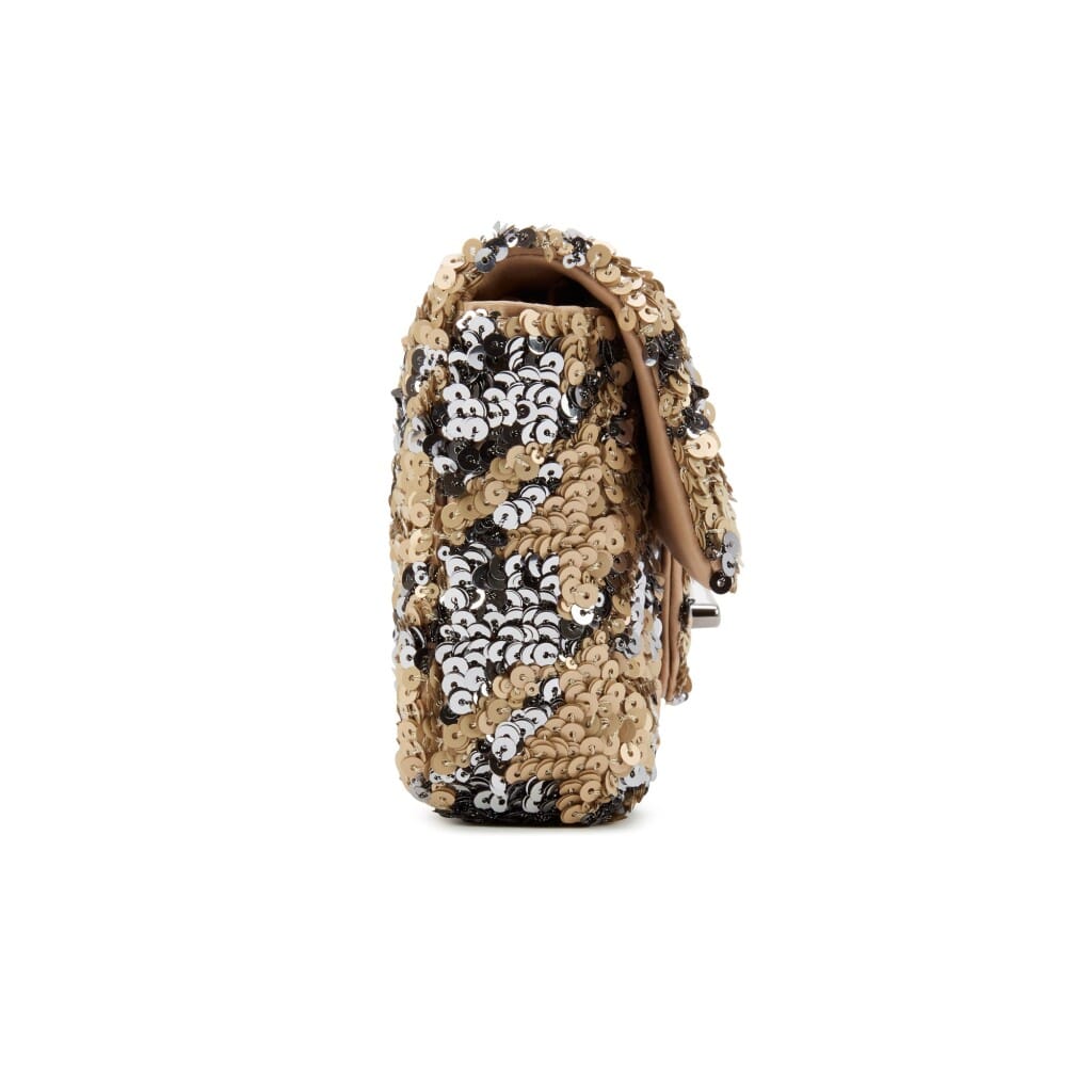 Beige and Gray Sequin and Lambskin East/West Single Flap Ruthenium Hardware, 2020