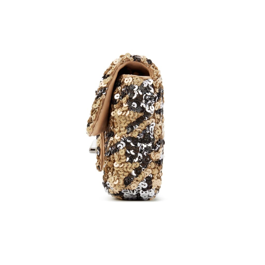 Beige and Gray Sequin and Lambskin East/West Single Flap Ruthenium Hardware, 2020