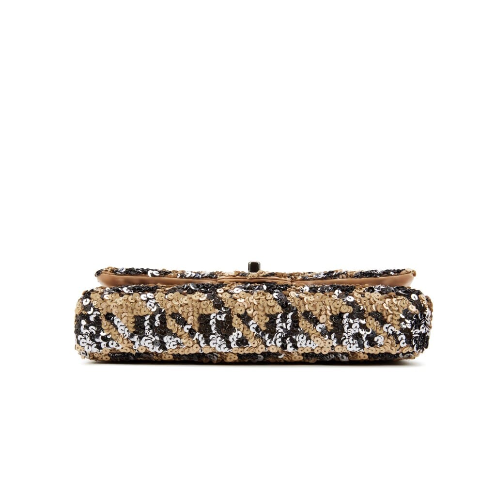 Beige and Gray Sequin and Lambskin East/West Single Flap Ruthenium Hardware, 2020