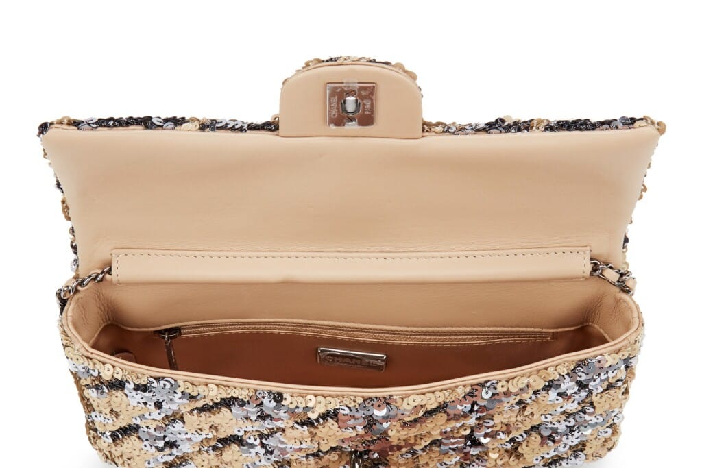 Beige and Gray Sequin and Lambskin East/West Single Flap Ruthenium Hardware, 2020