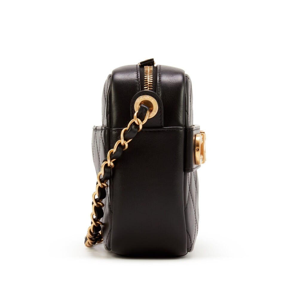 Black Quilted Lambskin Logo Camera Case Gold Hardware, 2020