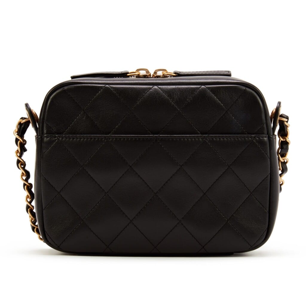 Black Quilted Lambskin Logo Camera Case Gold Hardware, 2020