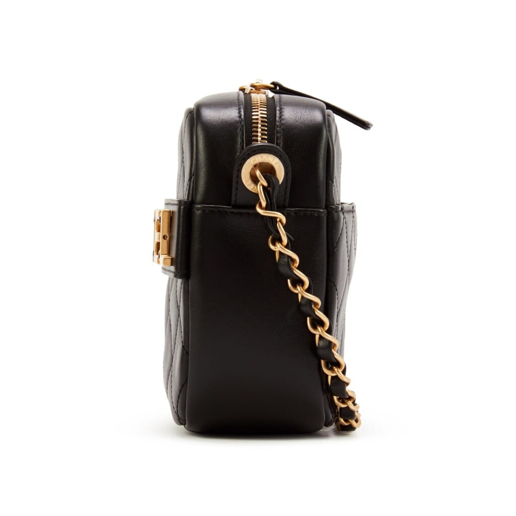 Black Quilted Lambskin Logo Camera Case Gold Hardware, 2020