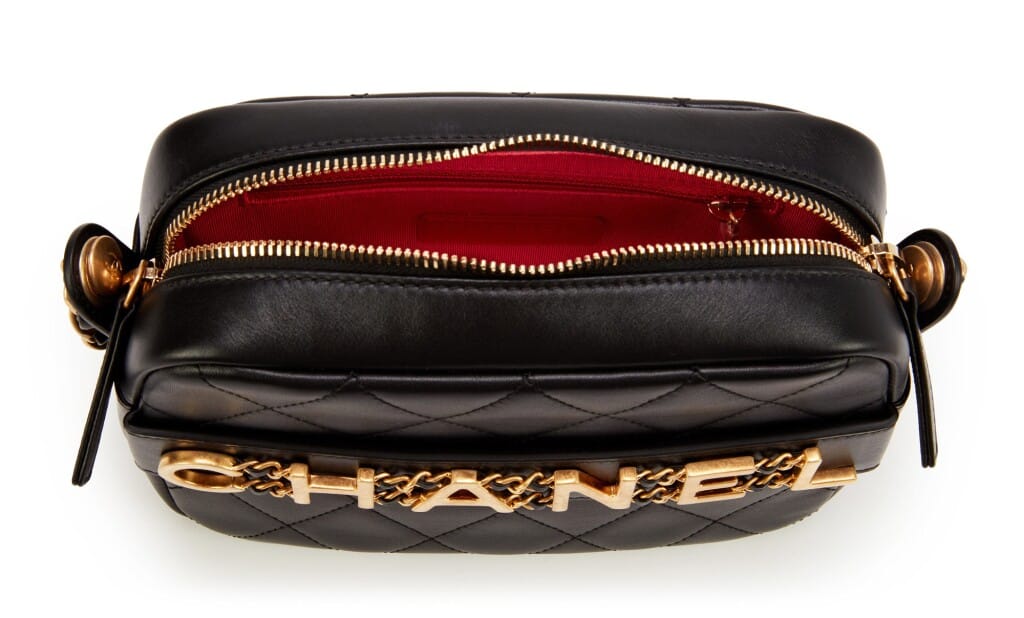 Black Quilted Lambskin Logo Camera Case Gold Hardware, 2020
