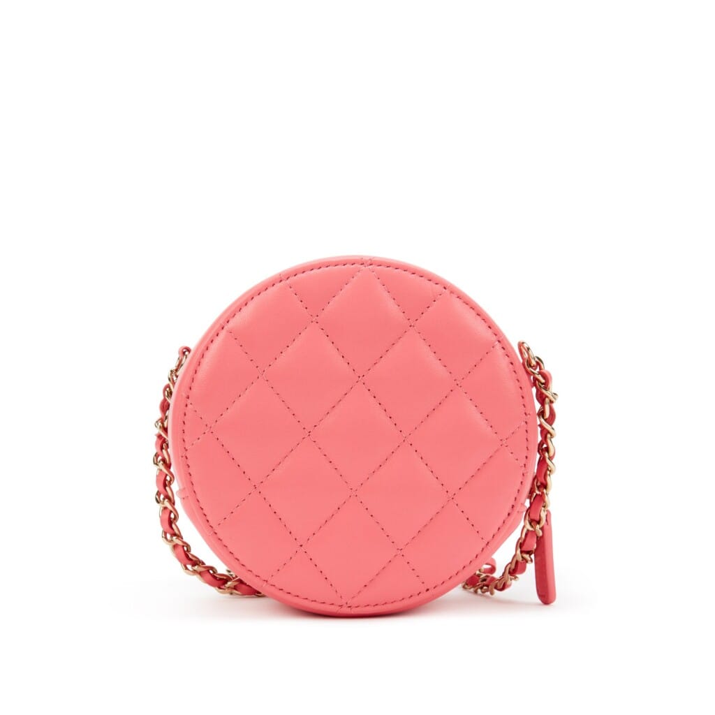 Pink Quilted Lambskin Leather CC Round Clutch with Chain Gold Hardware, 2020-2021