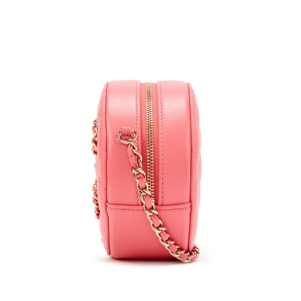 Pink Quilted Lambskin Leather CC Round Clutch with Chain Gold Hardware, 2020-2021