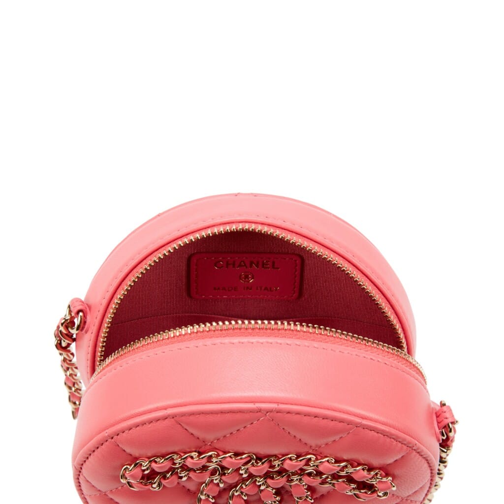 Pink Quilted Lambskin Leather CC Round Clutch with Chain Gold Hardware, 2020-2021