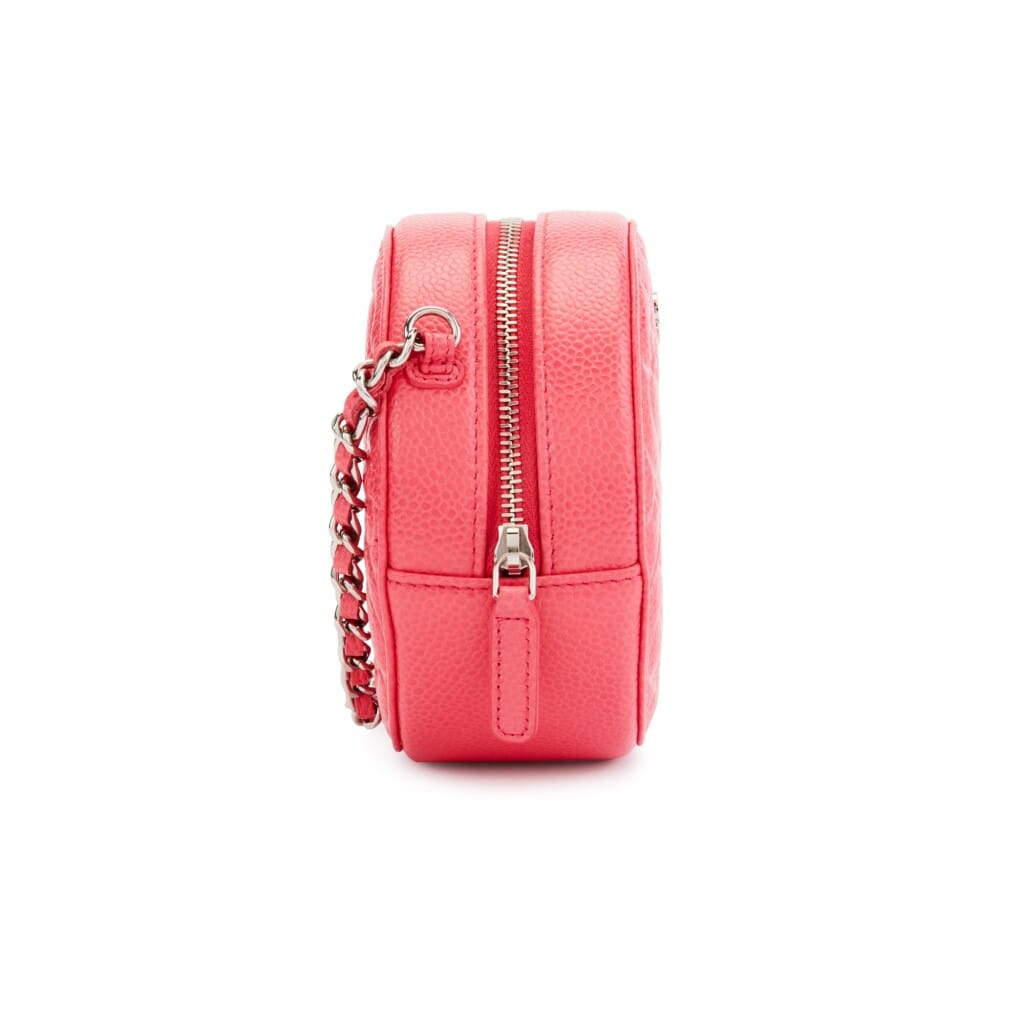 Pink Camellia Embossed Grained Calfskin Round Chain Clutch Silver Hardware, 2020