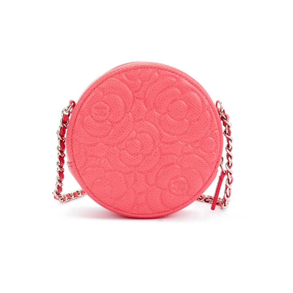 Pink Camellia Embossed Grained Calfskin Round Chain Clutch Silver Hardware, 2020