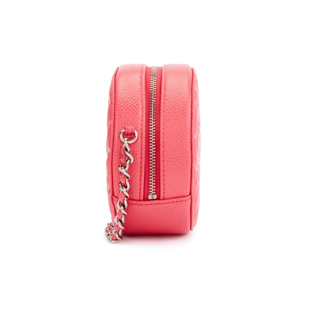 Pink Camellia Embossed Grained Calfskin Round Chain Clutch Silver Hardware, 2020