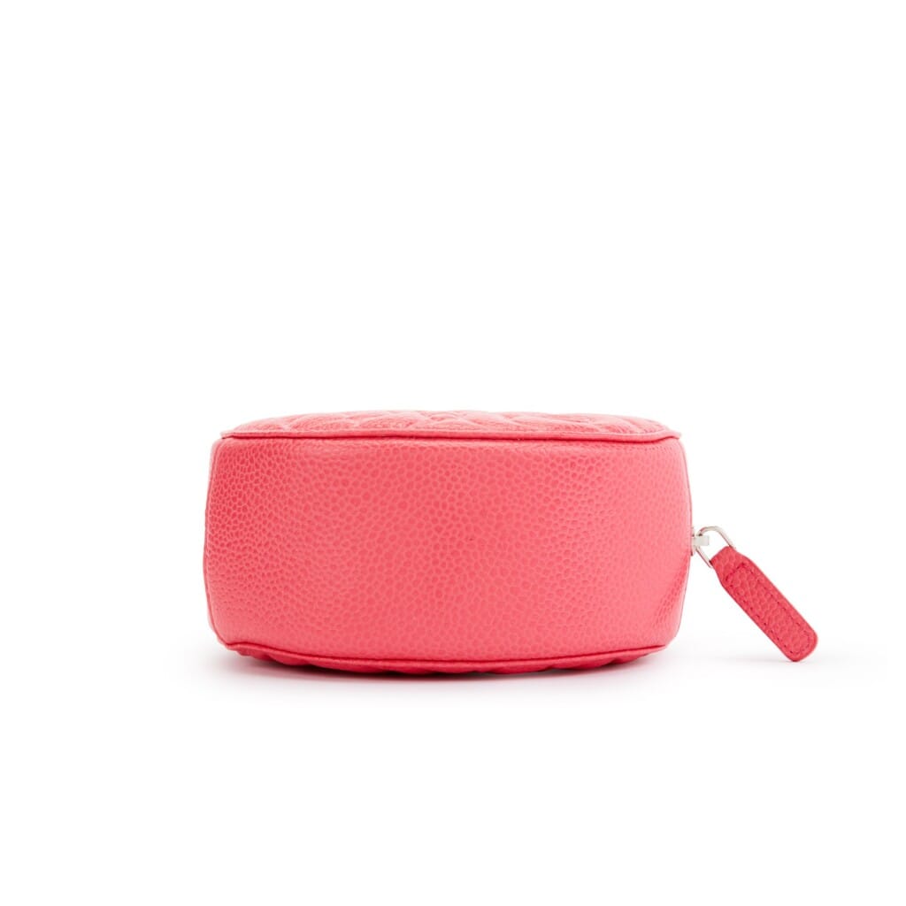 Pink Camellia Embossed Grained Calfskin Round Chain Clutch Silver Hardware, 2020