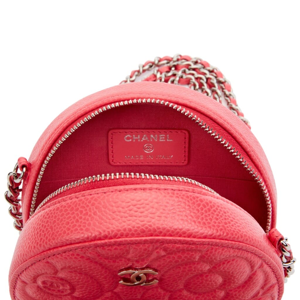 Pink Camellia Embossed Grained Calfskin Round Chain Clutch Silver Hardware, 2020
