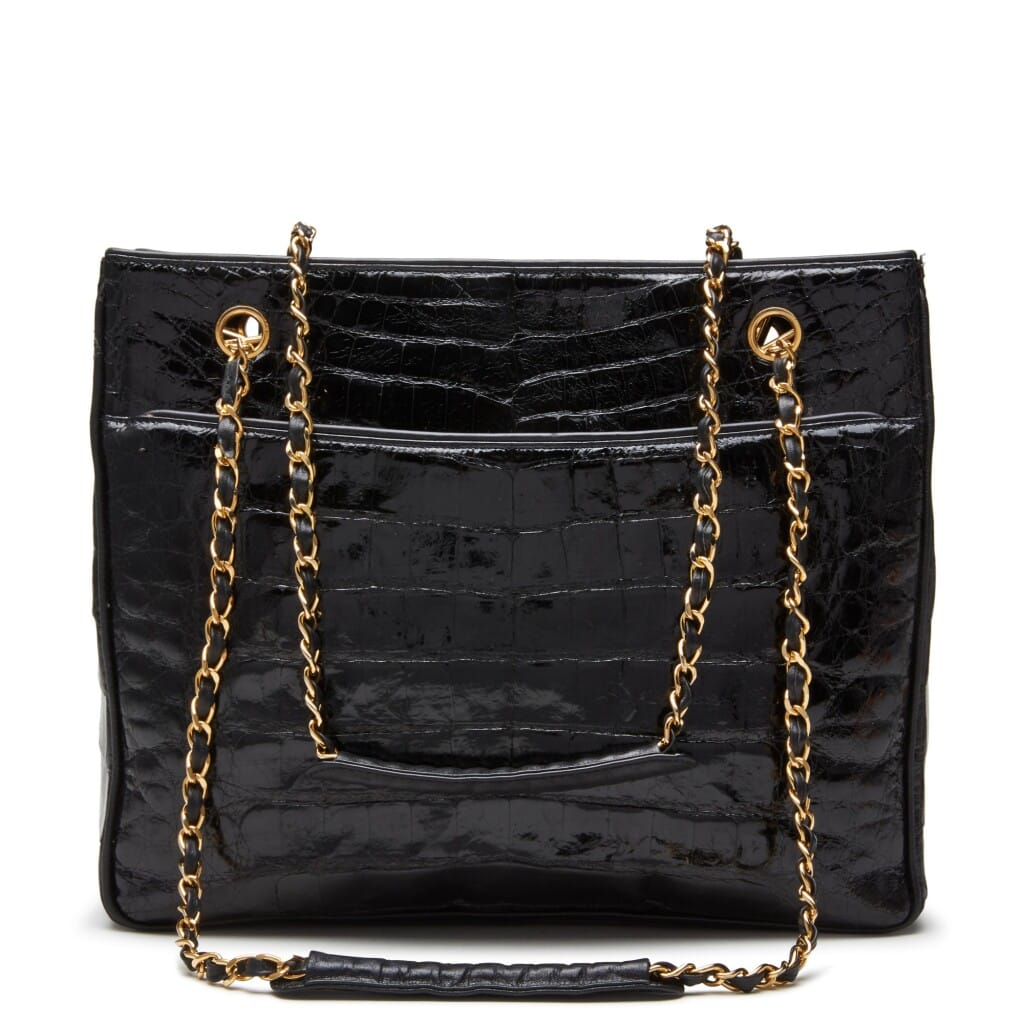 Black Timeless Pocket Shopper Tote in Shiny Crocodile with Gold Hardware, 1986-1989