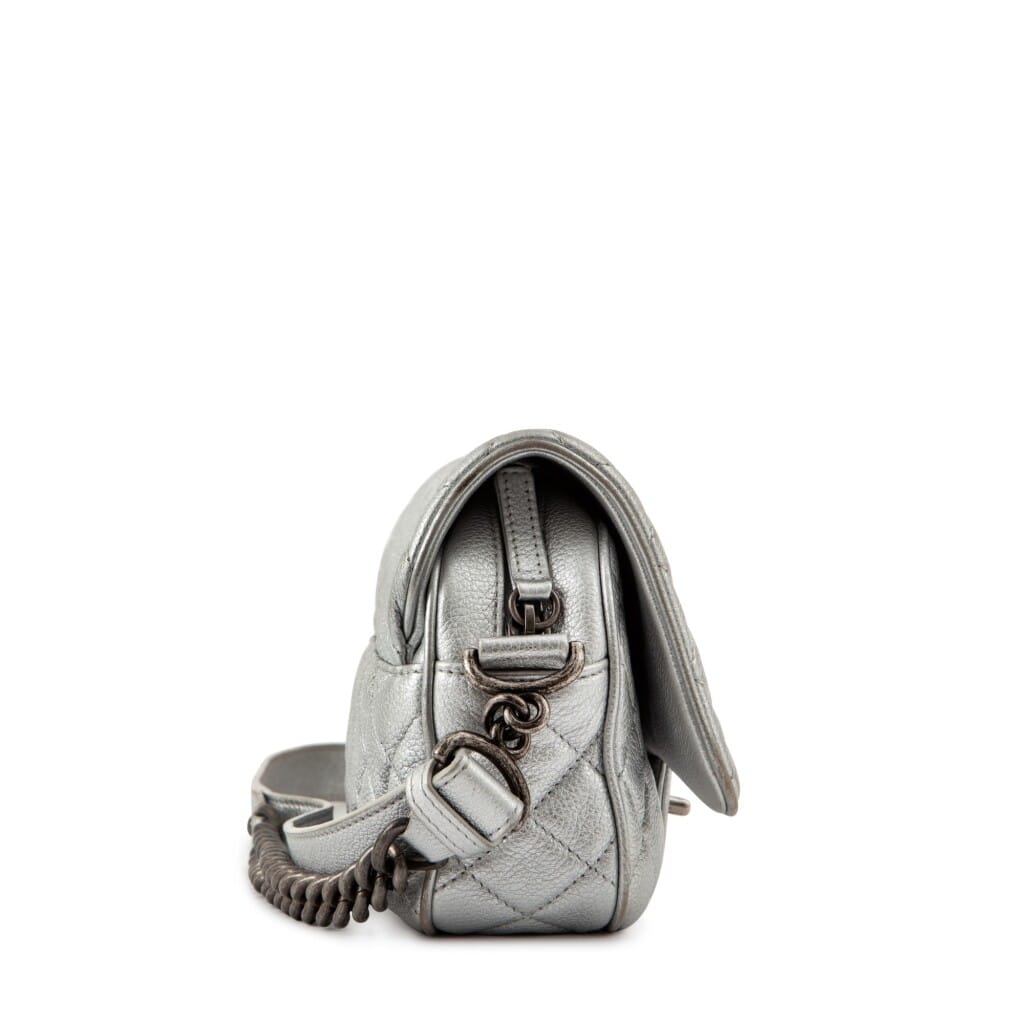 Metallic Silver Quilted Caviar Leather Casual Rock Single Flap Bag Ruthenium Hardware, 2016