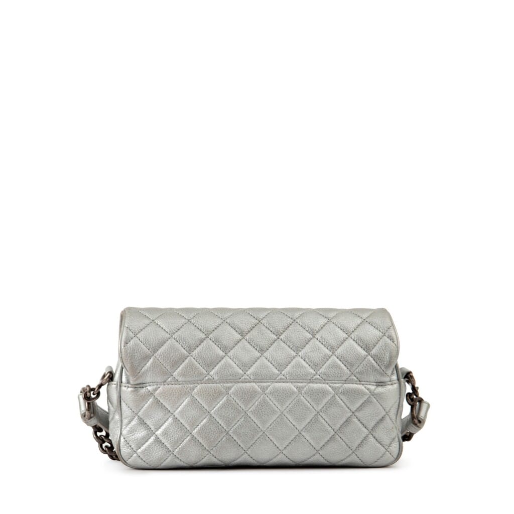 Metallic Silver Quilted Caviar Leather Casual Rock Single Flap Bag Ruthenium Hardware, 2016