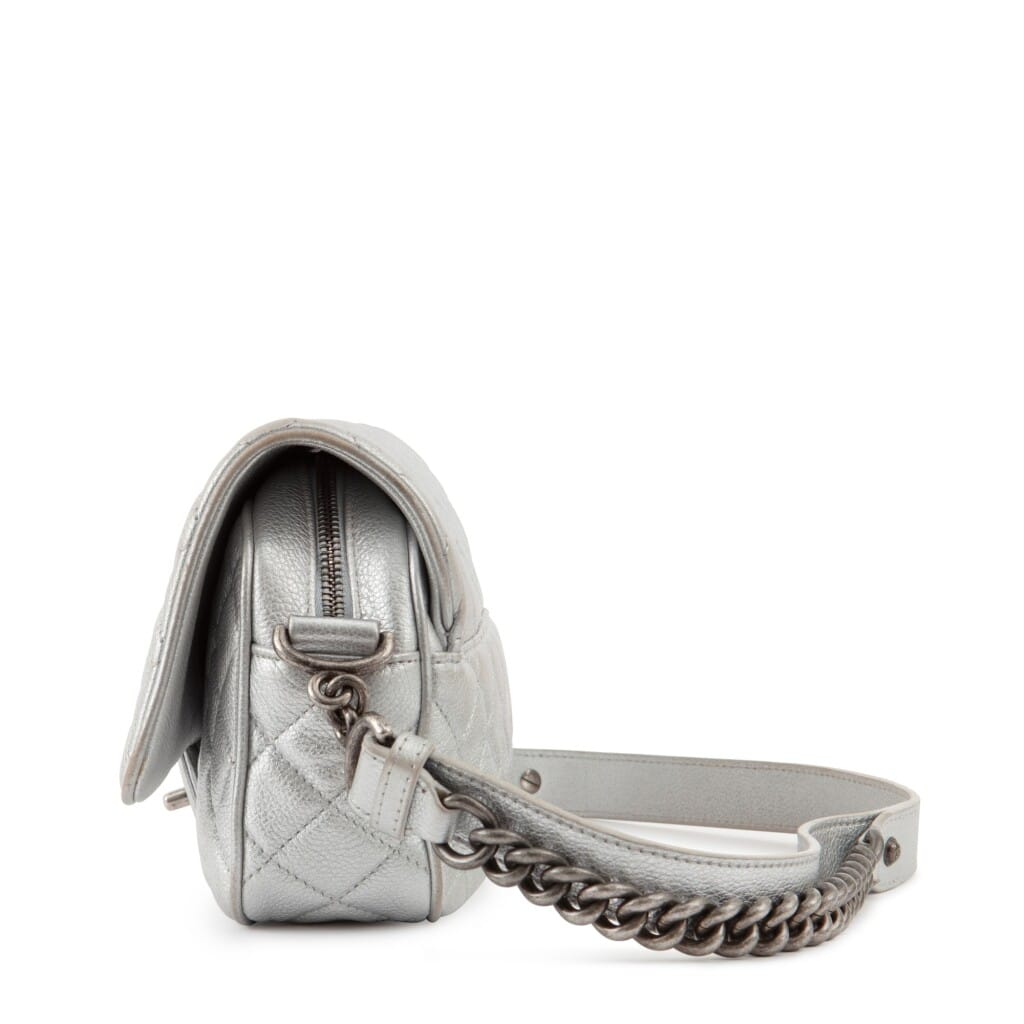 Metallic Silver Quilted Caviar Leather Casual Rock Single Flap Bag Ruthenium Hardware, 2016