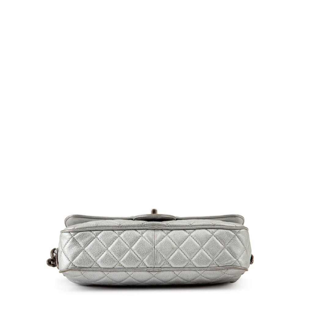Metallic Silver Quilted Caviar Leather Casual Rock Single Flap Bag Ruthenium Hardware, 2016