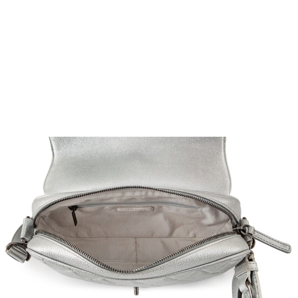 Metallic Silver Quilted Caviar Leather Casual Rock Single Flap Bag Ruthenium Hardware, 2016