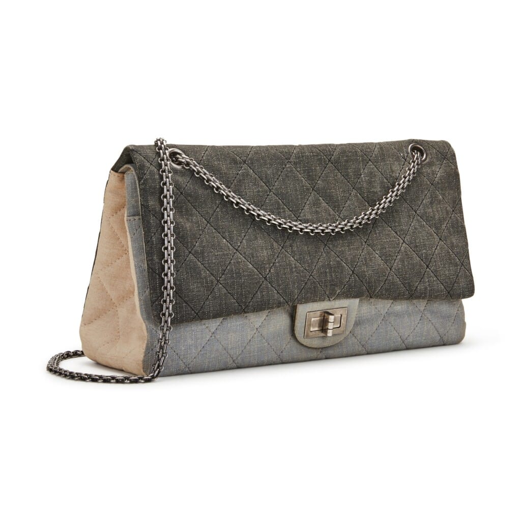 Light Blue, Dark Grey, and Beige Quilted Denim Double Flap 2.55 Reissue 228 Ruthenium Hardware