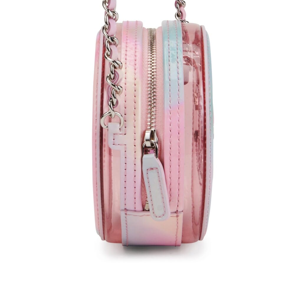 Multicolor Patent Calfskin and PVC Filigree Round Clutch with Chain Silver Hardware, 2020
