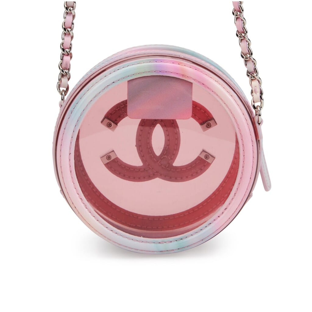 Multicolor Patent Calfskin and PVC Filigree Round Clutch with Chain Silver Hardware, 2020