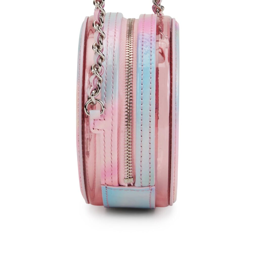 Multicolor Patent Calfskin and PVC Filigree Round Clutch with Chain Silver Hardware, 2020