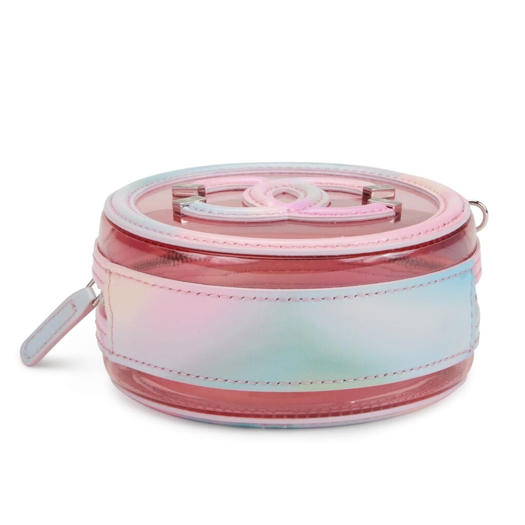 Multicolor Patent Calfskin and PVC Filigree Round Clutch with Chain Silver Hardware, 2020