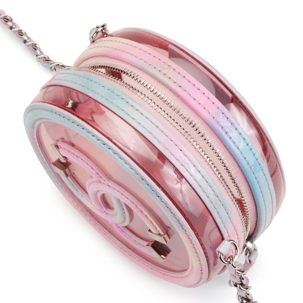Multicolor Patent Calfskin and PVC Filigree Round Clutch with Chain Silver Hardware, 2020