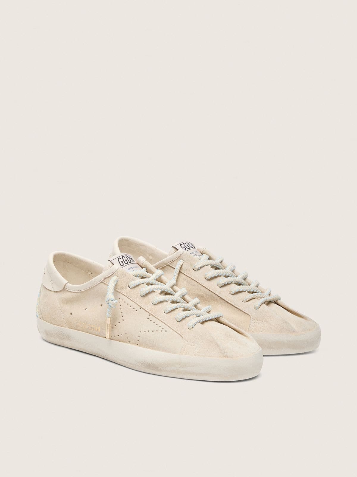 Golden Goose Mens Super-Star In Cream Suede With Perforated Star And Bead Insert Mens