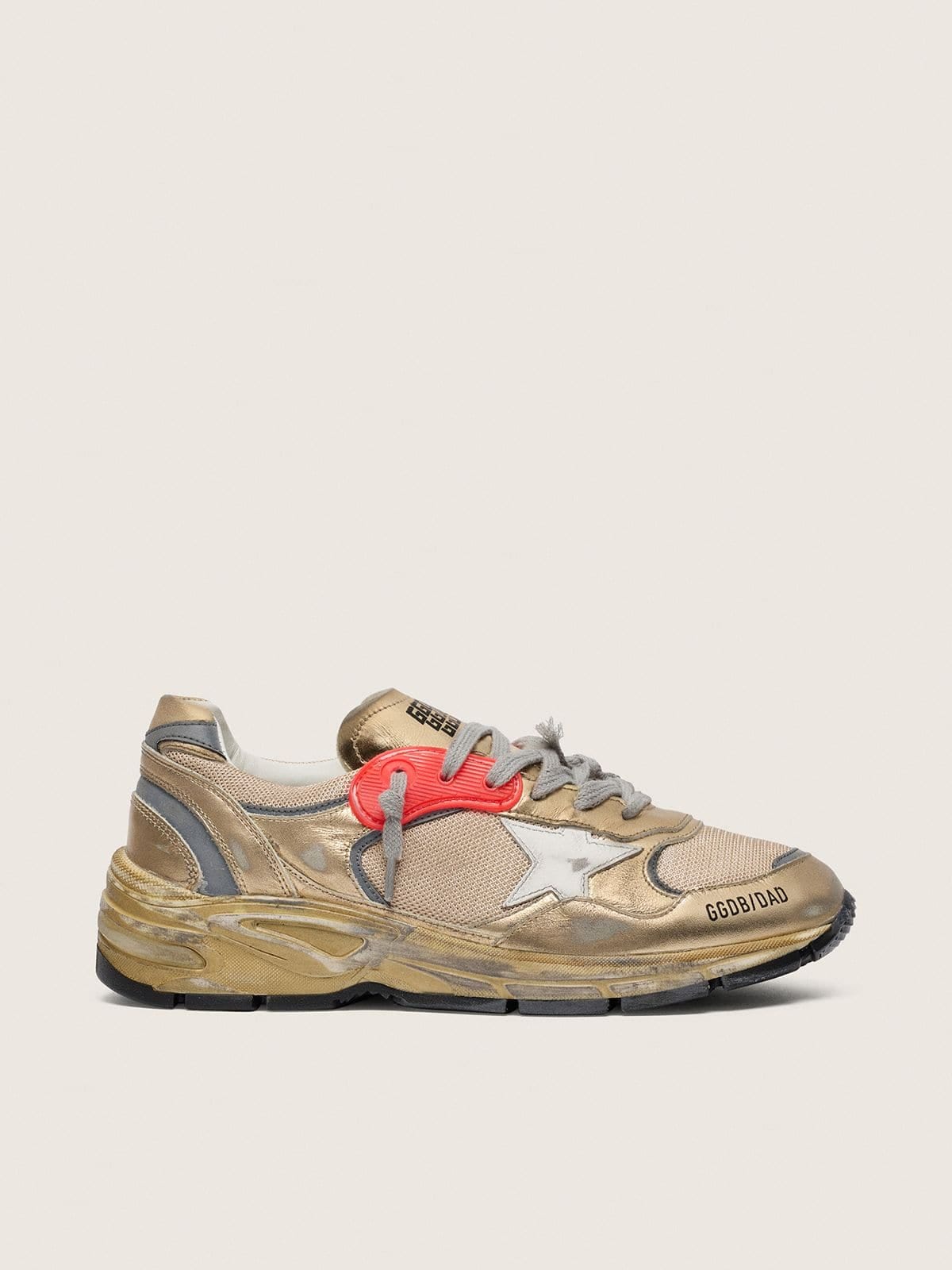 Golden Goose Mens Dad-Star In Gold Laminated Leather And Mesh With White Leather Star And Gold Leather Heel Tab Mens