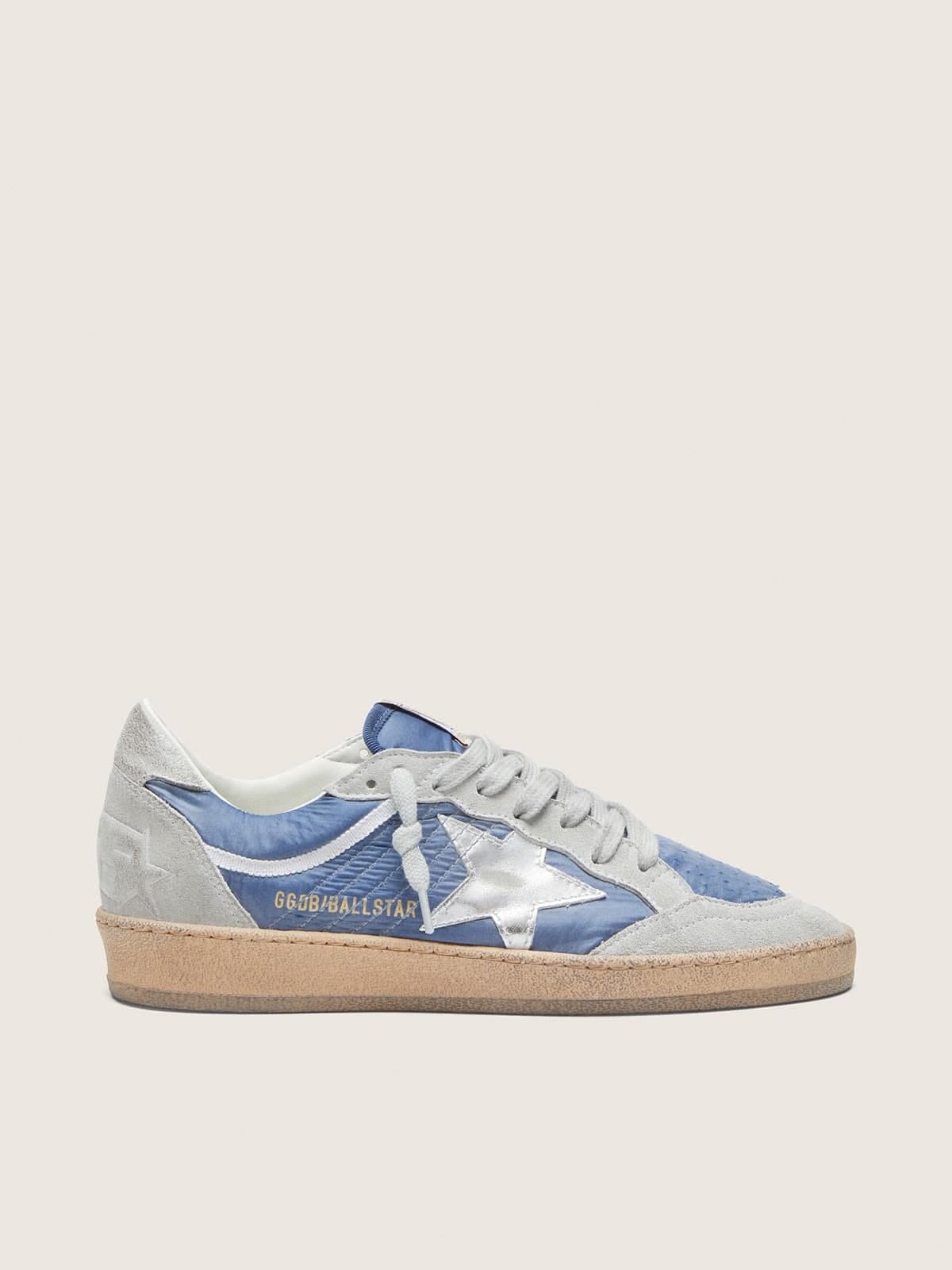 Golden Goose Womens Ball Star In Denim-Blue Nylon With Light Gray Suede Inserts And Metallic Silver Leather Star Womens