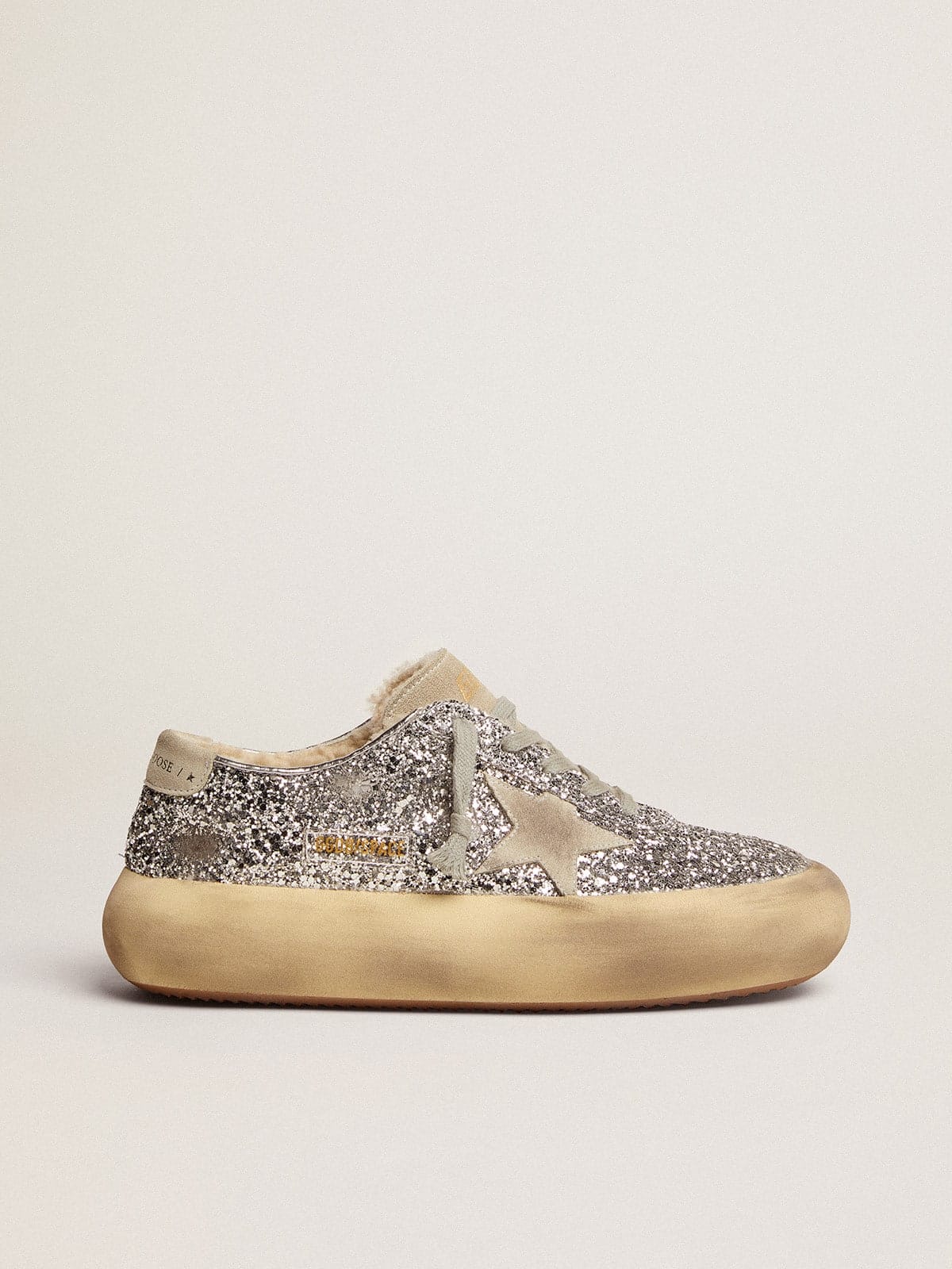Golden Goose Womens Space-Star Shoes In Silver Glitter With Shearling Lining Womens
