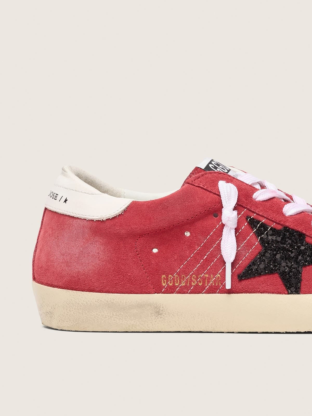 Golden Goose Womens Super-Star In Red Suede With Glitter Star And White Heel Tab Womens