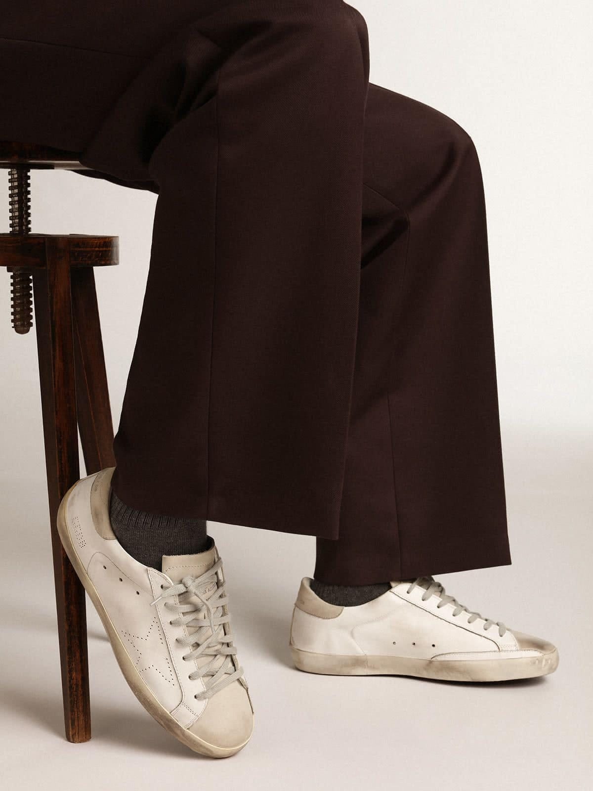 Golden Goose Womens Super-Star In White Leather With Perforated Star And Beige Nubuck Heel Tab Womens