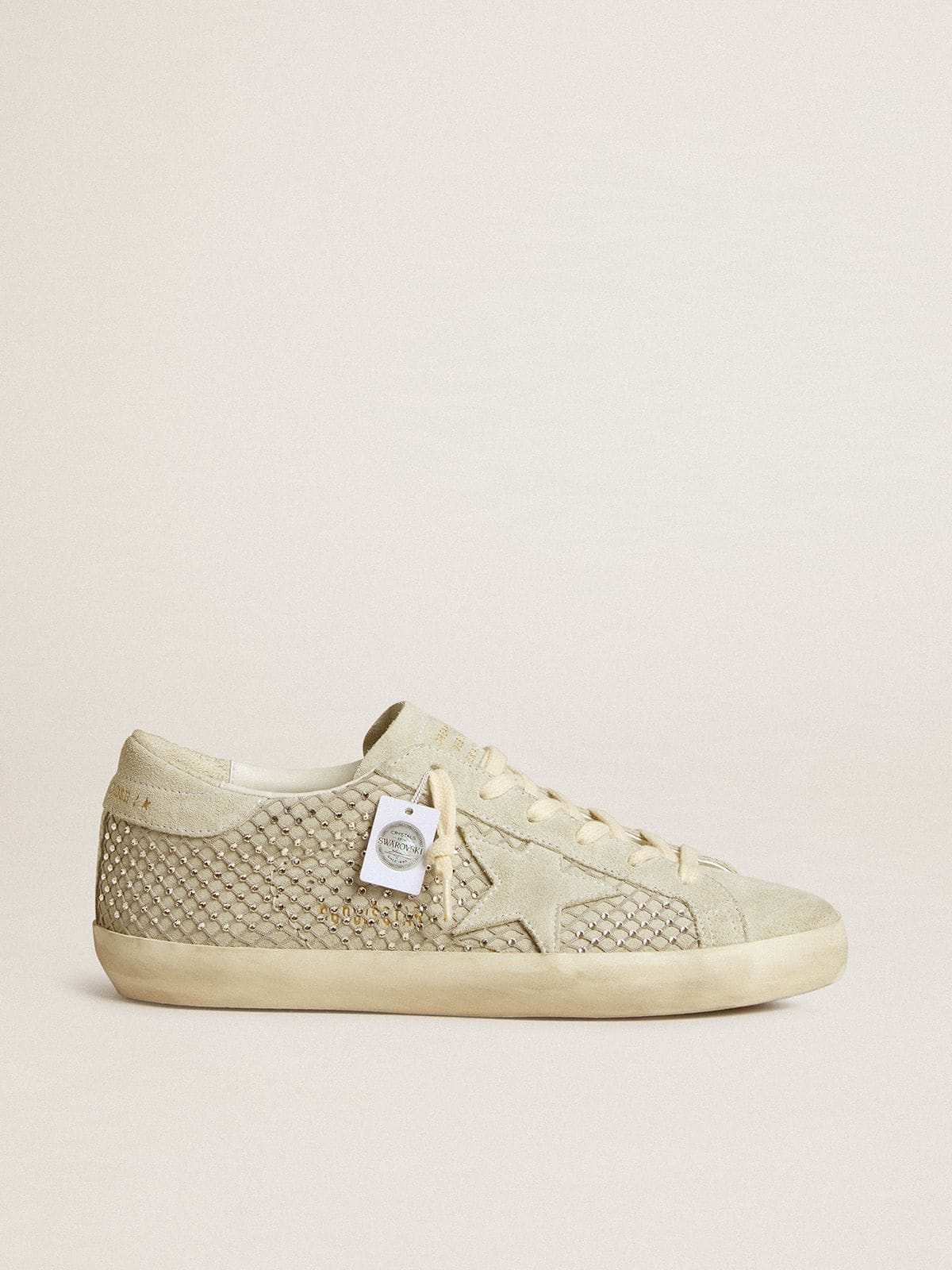 Golden Goose Womens Super-Star With Gray Suede Star And Swarovski Crystal Mesh Womens