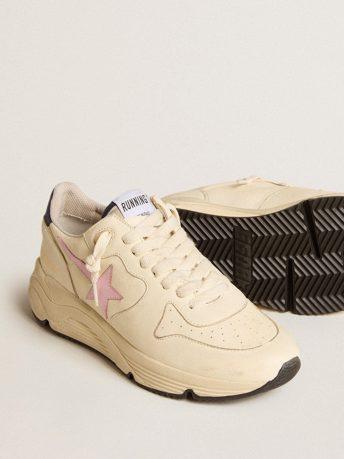 Golden Goose Womens Running Sole In Nappa Leather With Pink Leather Star And Blue Leather Heel Tab Womens