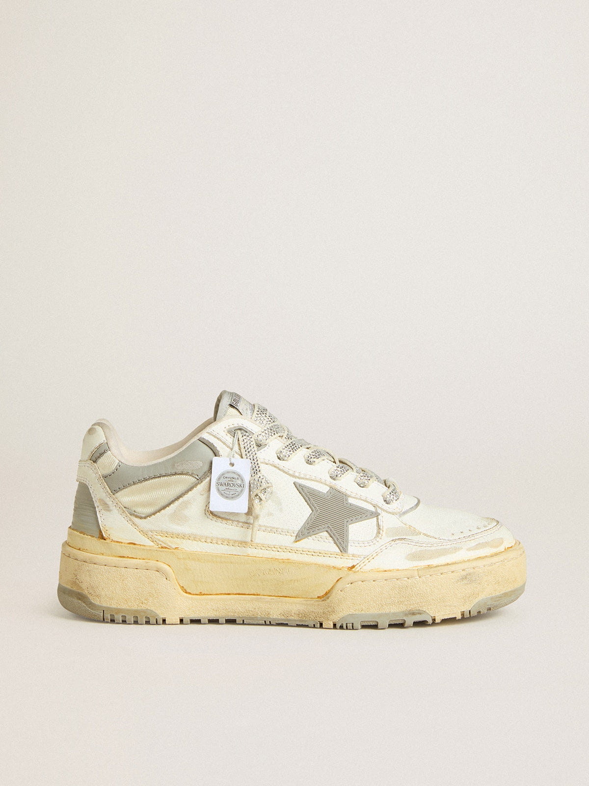 Golden Goose Mens Forty2 In White Leather With Laces With Swarovski Crystals And Gray Tpu Star Mens