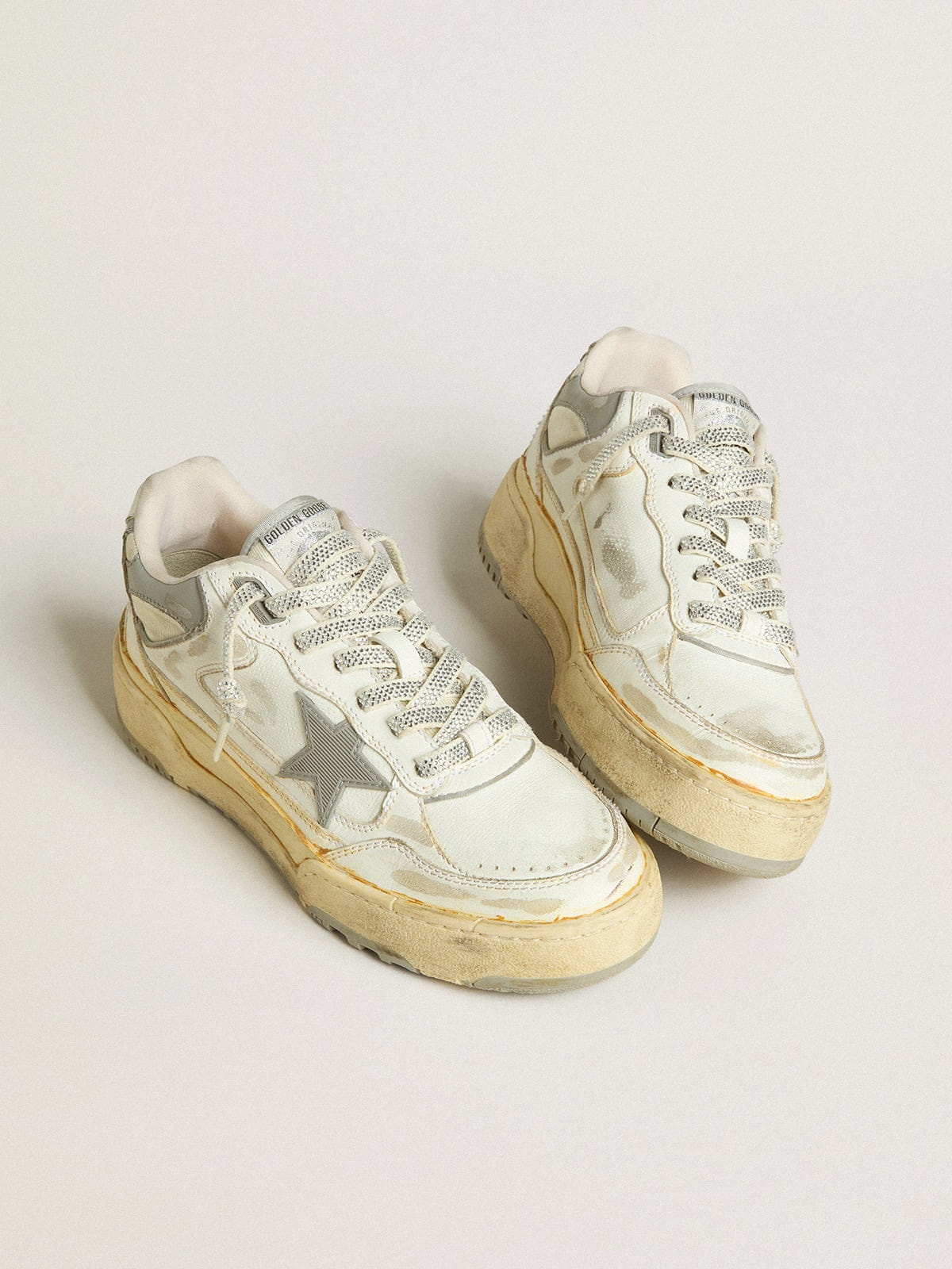 Golden Goose Mens Forty2 In White Leather With Laces With Swarovski Crystals And Gray Tpu Star Mens
